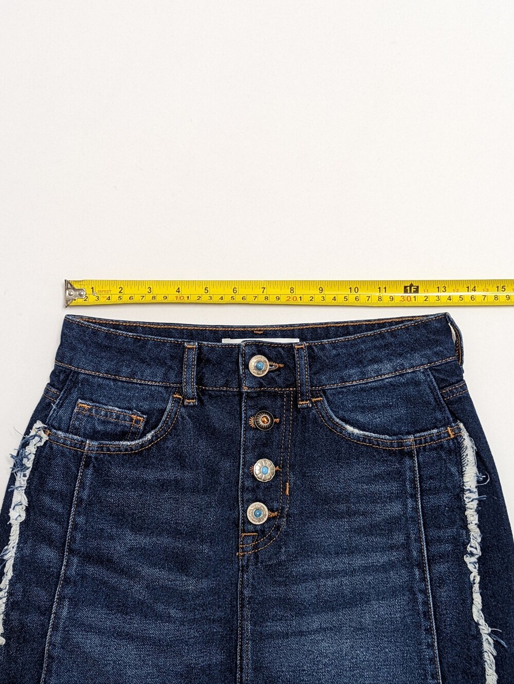 ZARA Z1975 DENIM Distressed Blue Jean Mini Skirt Frayed With Gem Buttons Size XS - Picture 8 of 12